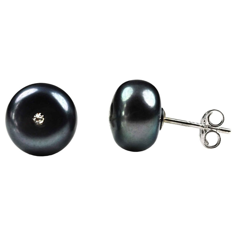 Zoetwater parel oorknop met zwarte parel en stras steentje | Cadeau set Mea Bling W-B