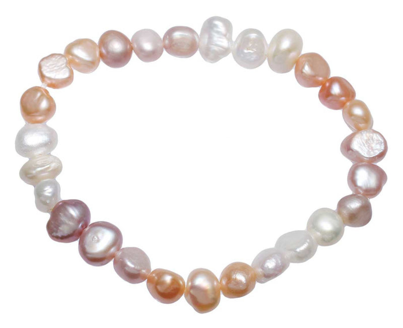 Zoetwater parel armband met witte, zalm en roze parels, elastisch | Pearl Trio Soft Colors