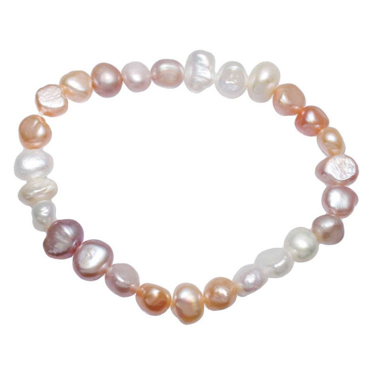 Zoetwater parel armband met witte, zalm en roze parels, elastisch | Pearl Trio Soft Colors