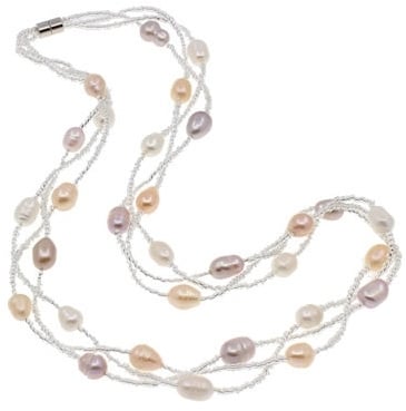 Zoetwater parelketting met witte, zalm en roze parels in 3 rijen met magneetslot | set Twine Pearl Soft Colors 2