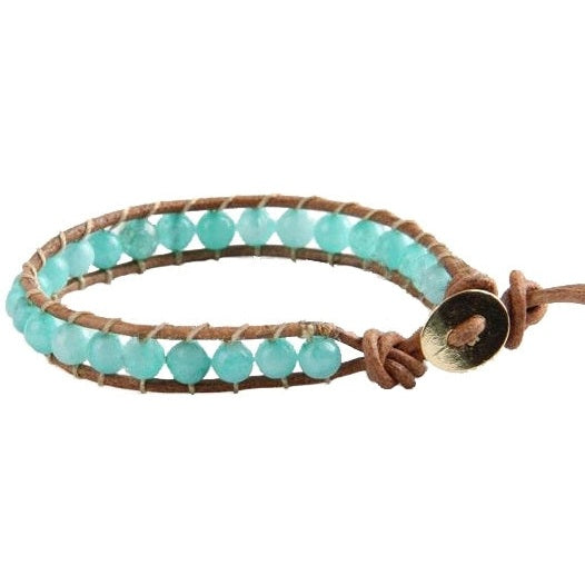 Slotje van groen edelstenen armband met aquamarijn en bruin leer | Wrap Green Aquamarine