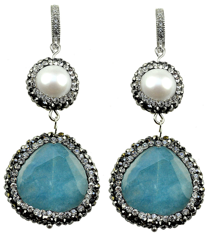 Witte zoetwater parel oorringen met stras steentjes en blauwe jade, voorkant | Bright Pearl Blue Jade Silver