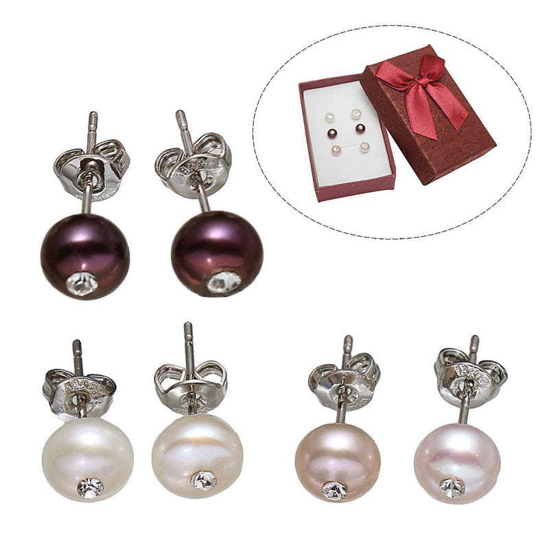 Cadeau set met 3 paar parel oorknopjes in wit, roze en bruin met stras steentje in geschenkverpakking | Cadeau set zoetwater parel oorbellen Mea Bling Small