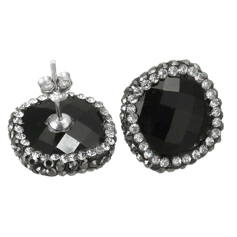 Zwarte edelstenen oorknoppen met agaat, stras steentjes en sterling zilver (925) voor en achterzijde | Bright Black Agate Square