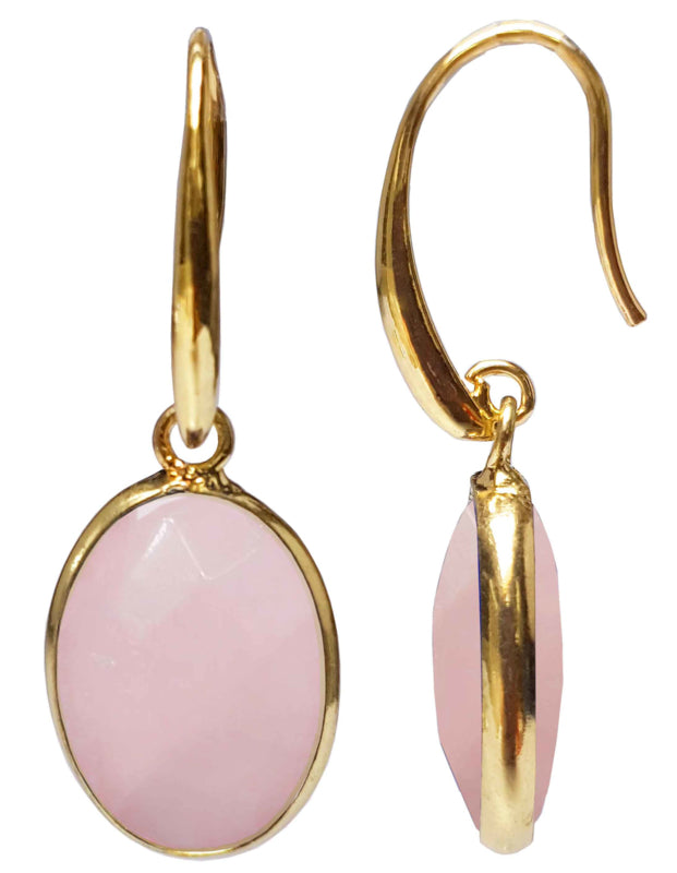 Roze edelstenen oorbellen met rozenkwarts, voor- en zijaanzicht | Gold Oval Rose Quartz