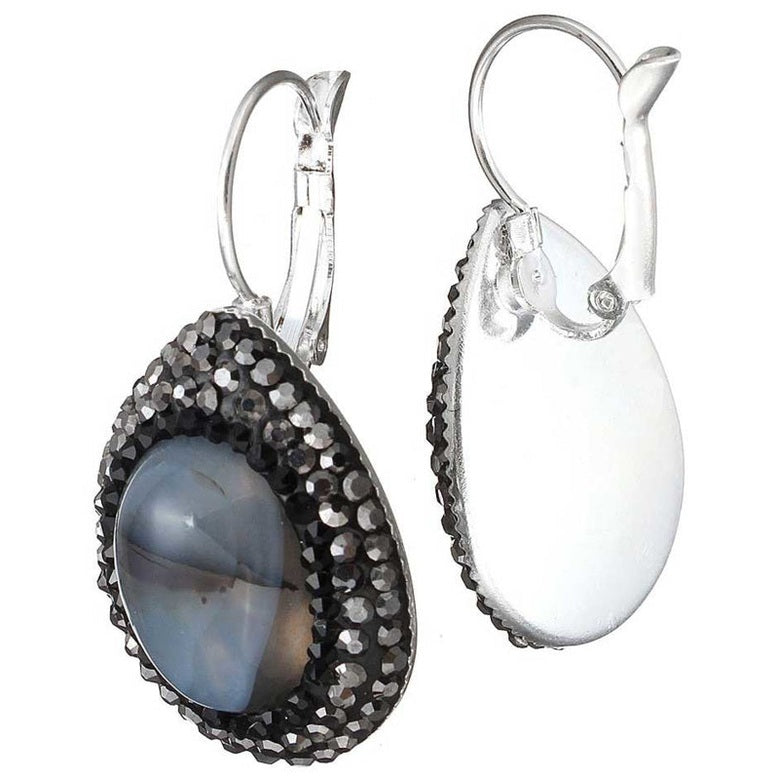 Grijze edelstenen oorbellen met agaat in druppel vorm en stras steentjes zij en achterzijde | Bright Grey Agate Teardrop