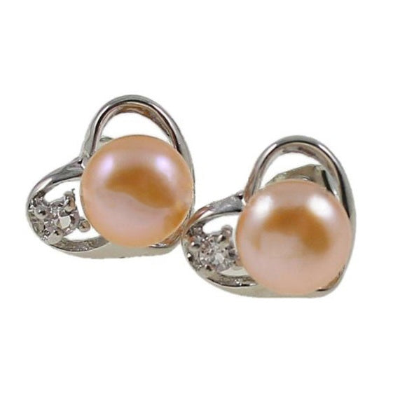 Zalm kleurige zoetwater parel oorbellen met zilver hartje en stras steentje, oorknopjes | Pearl Heart Z