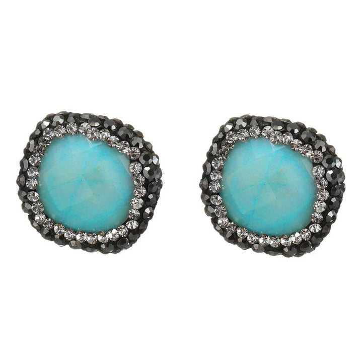 Licht blauwe edelstenen oorknoppen met agaat, stras steentjes en sterling zilver (925) vooraanzicht | Bright Aqua Jade Square