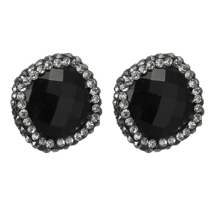 Zwarte edelstenen oorknoppen met agaat, stras steentjes en sterling zilver (925) vooraanzicht | Bright Black Agate Square