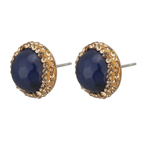 Blauwe edelstenen oorknopjes met agaat, gouden stras steentjes en edelstaal | Golden Bright Blue Agate