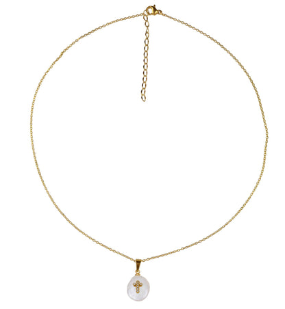 Zoetwater parelketting met witte parel hanger met stras steentjes in kruis motief en goud edelstaal | Coin Pearl Golden Cross