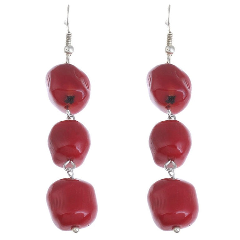 Lange rood koralen oorbellen met sterling zilver (925) | Long Red Big Coral