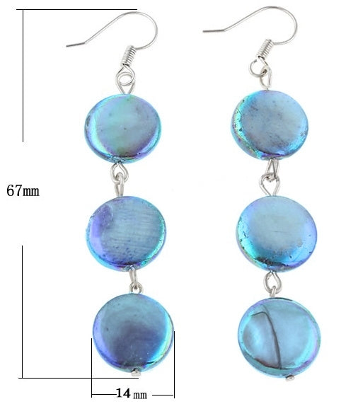 Lange zoetwater parel oorbellen met blauwe parels en sterling zilver, maat indicatie | Sky Blue Coin Pearl