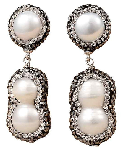 Zoetwater parel oorbellen met witte parels, stras steentjes en sterling zilver (925) anders | Double Bling Peanut Pearl