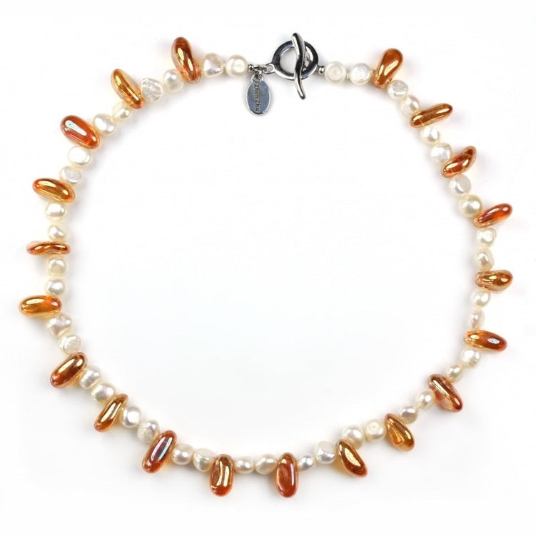 Zoetwater parelketting met witte parels en goud kleurig kwarts | Caramel Creme