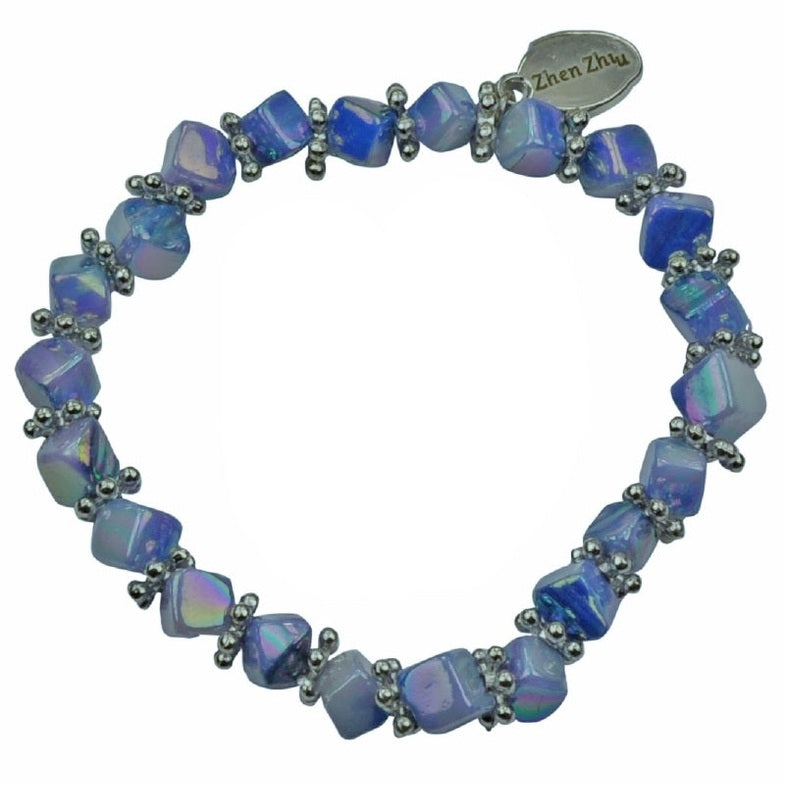 Blauw parelmoeren armband, elastisch | Shell Cube AB Blue