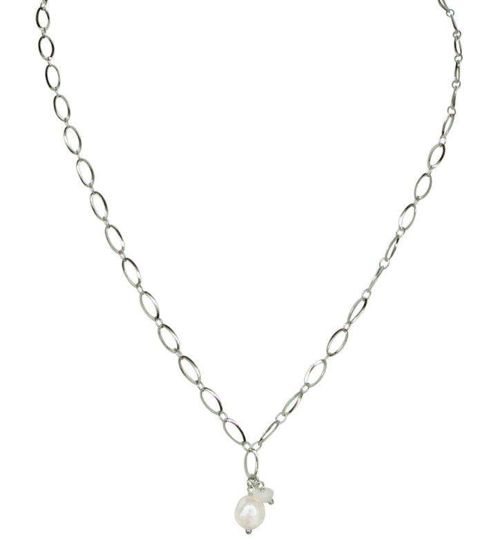 Zoetwater parelketting met witte parel hanger en zilver edelstaal | Flow Oval Silver Pearl