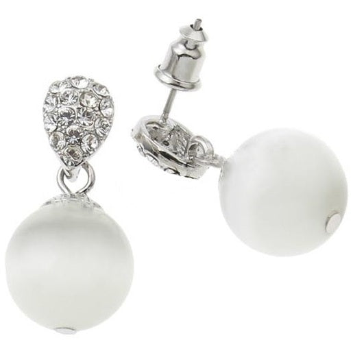 Witte edelstenen oorbellen met kattenoog en stras steentjes, oorknoppen, voor en achterzijde | Bling W Cat’s Eye