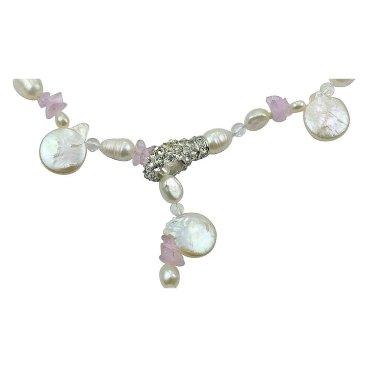 Slotje van zoetwater parelketting met witte parels, stras steentjes en licht paarse edelstenen amethist | White Coin White Amethyst