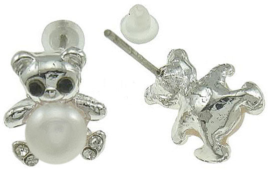 Zoetwater parel oorknopjes met witte parels en zilveren beertje met stras steentjes, voor en achterkant | Pearl Bear W