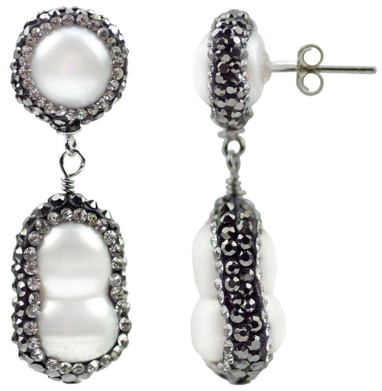 Zoetwater parel oorbellen met witte parels, stras steentjes en sterling zilver (925) | Double Bling Peanut Pearl