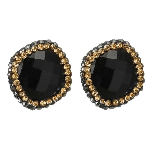 Zwarte edelstenen oorbellen met agaat , gouden stras steentjes en sterling zilver (925) vooraanzicht | Bright Black Agate Gold Square