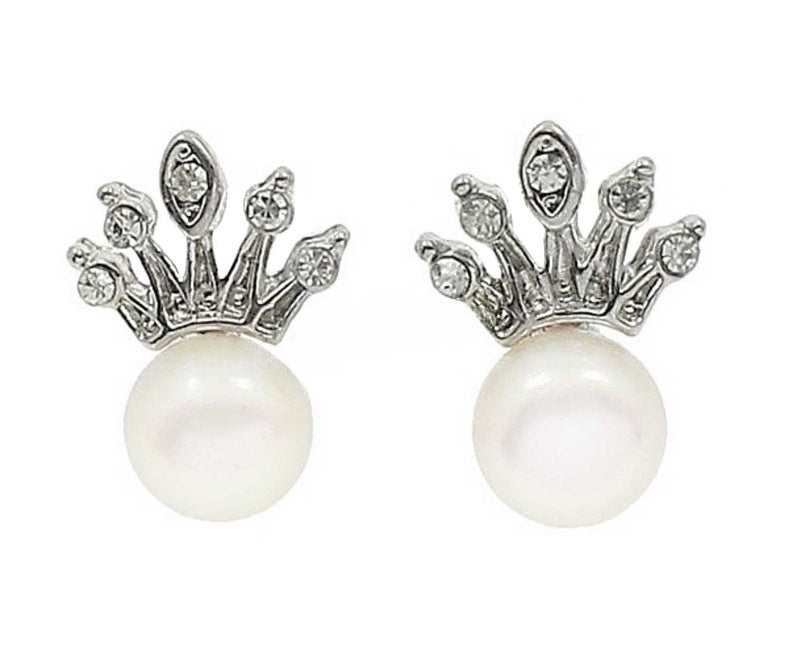 Zoetwater parel oorknopjes met witte parels en zilveren kroontje met stras steentjes | Queen White
