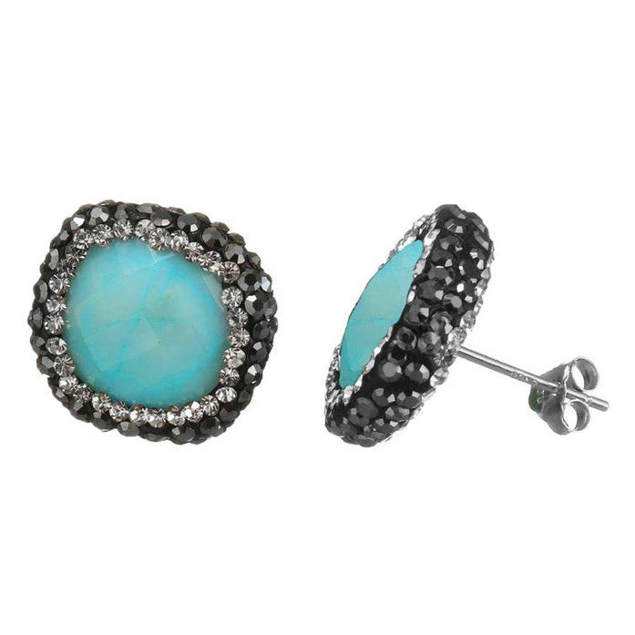 Licht blauwe edelstenen oorknoppen met agaat, stras steentjes en sterling zilver (925) | Bright Aqua Jade Square