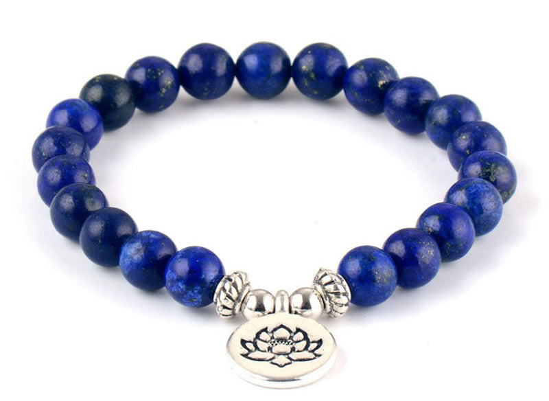Lapis lazuli armband met zilver lotus bedeltje, elastisch blauw edelstenen armband |Lapis Lazuli Lotus