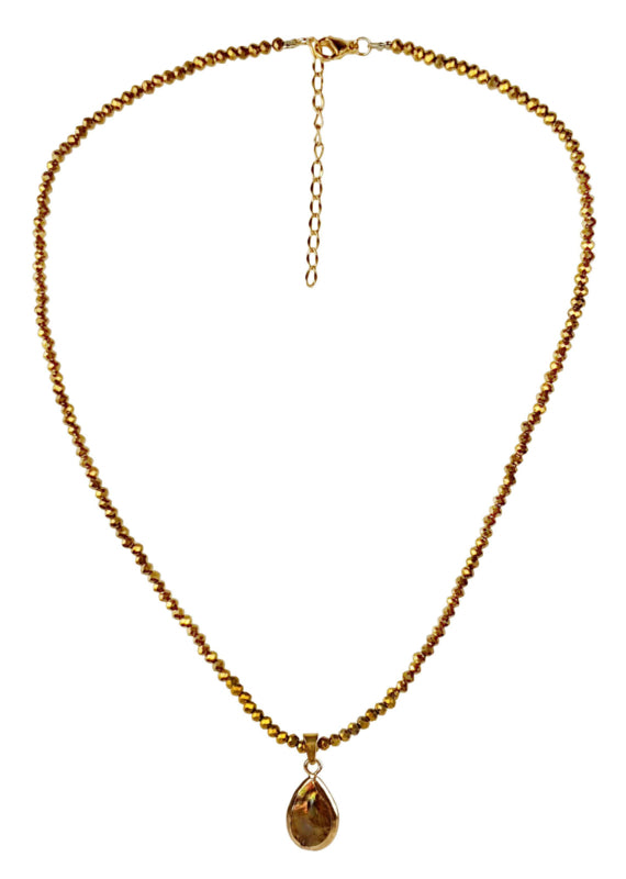 Bruine parelketting met edelstaal en gouden kristallen