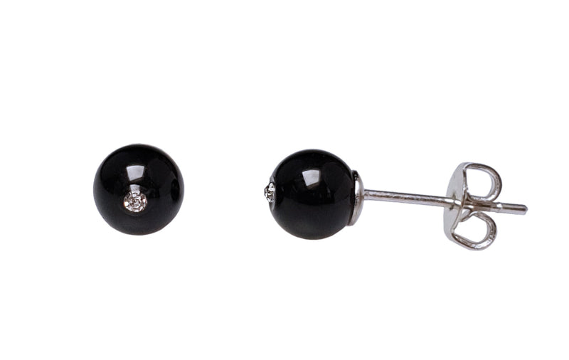 Zwarte edelstenen oorbellen met stras steentje , 6 mm oorknopjes | Bling Black Agate Small