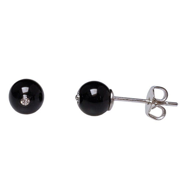 Zwarte edelstenen oorbellen met stras steentje , 6 mm oorknopjes | Bling Black Agate Small