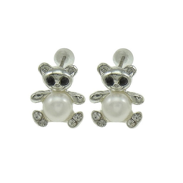 Zoetwater parel oorknopjes met witte parels en zilveren beertje met stras steentjes | Pearl Bear W