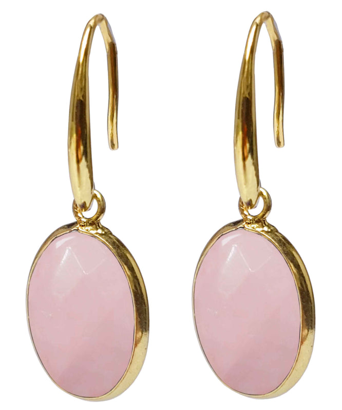 Roze edelstenen oorbellen met rozenkwarts | Gold Oval Rose Quartz