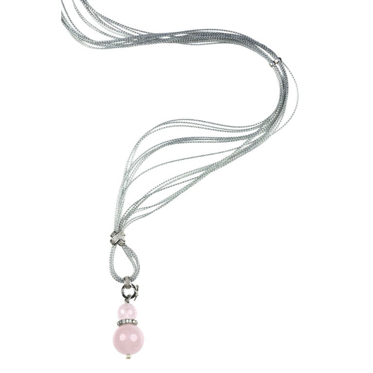 Lange roze edelstenen ketting met rozenkwarts hanger en stras steentjes aan zilveren koordjes | Double Rosé Quartz