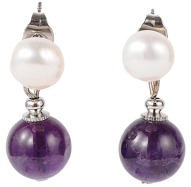 Zoetwater parel oorbellen met witte parel en amethist | Pearl Stud Amethyst