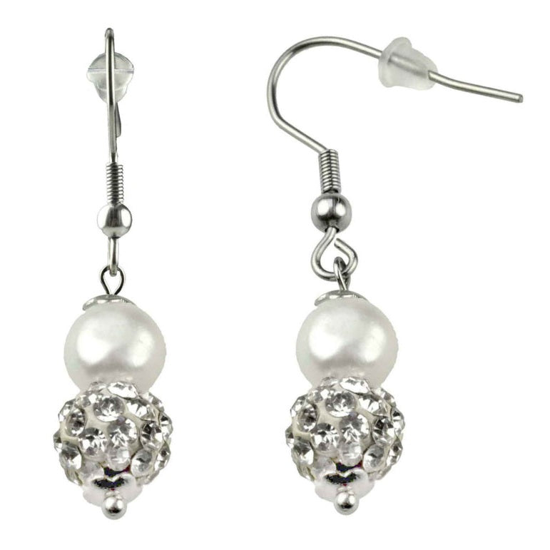 Witte zoetwater parel oorbellen met stras steentjes en edelstaal | Ellen