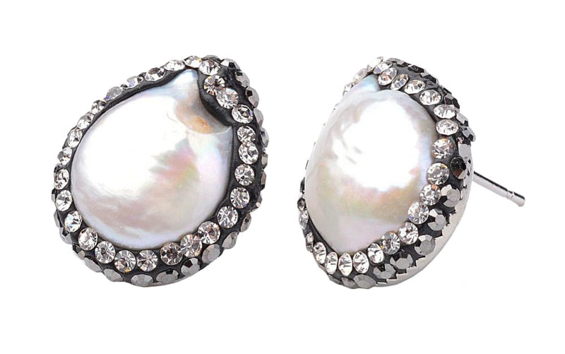 Zoetwater parel oorbellen met grote witte coin parel en stras steentjes | Bright Drop Pearl