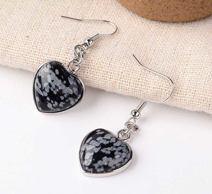 Grijze edelstenen oorbellen met sterling zilver (925) en sneeuw obsidiaan liggend | Snowflake Obsidian Silver Heart